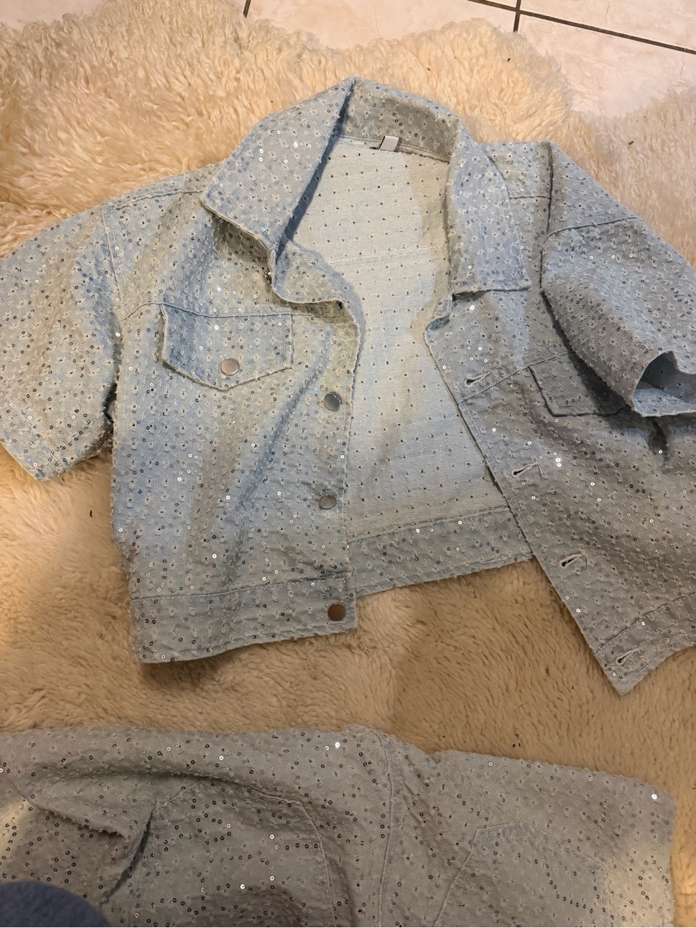 Bar III Light Blue Sequin High-Rise Denim Shorts and Jacket Set - Picture 6 of 7